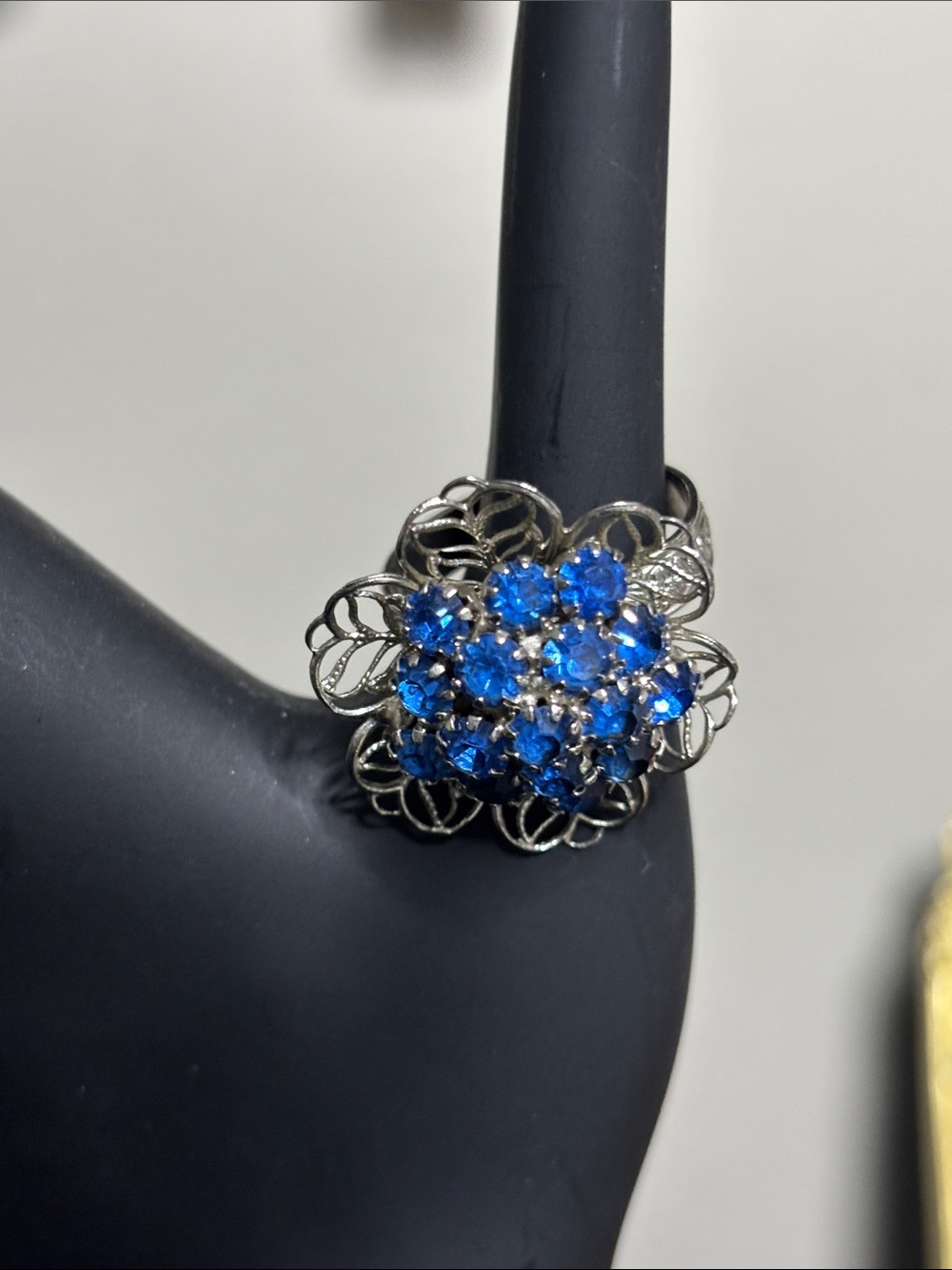 Vintage Blue Crystal Flower Statement Ring Adjustable Women's Jewelry